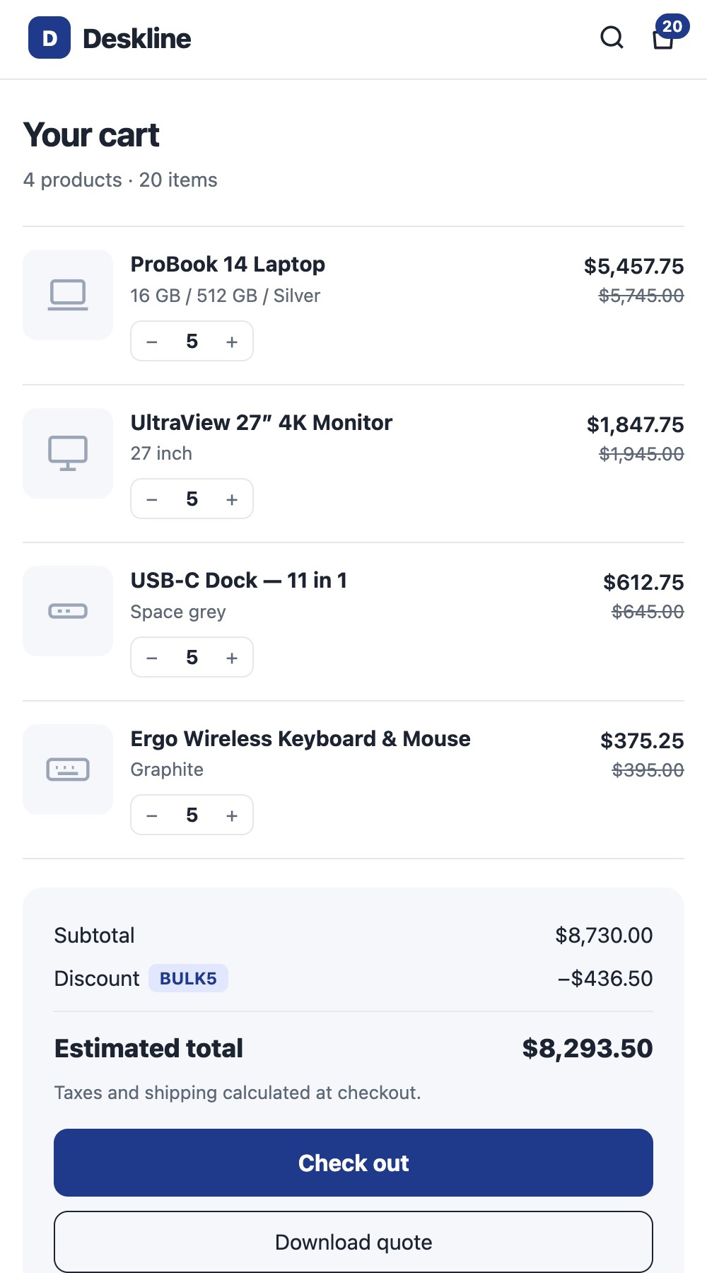An IT store's cart page on a phone with four products, a Check out button and an outlined Download quote button under it.