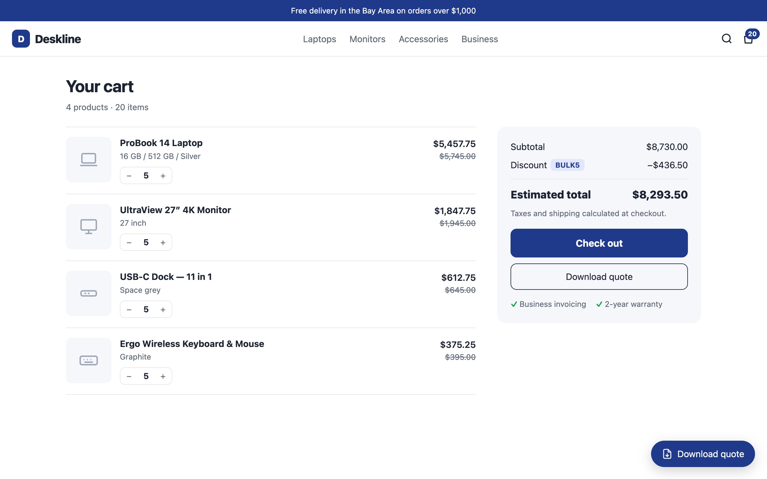 The sample IT store's cart on a laptop: four products, the order summary with Check out and a Download quote button under it, and a floating Download quote button.