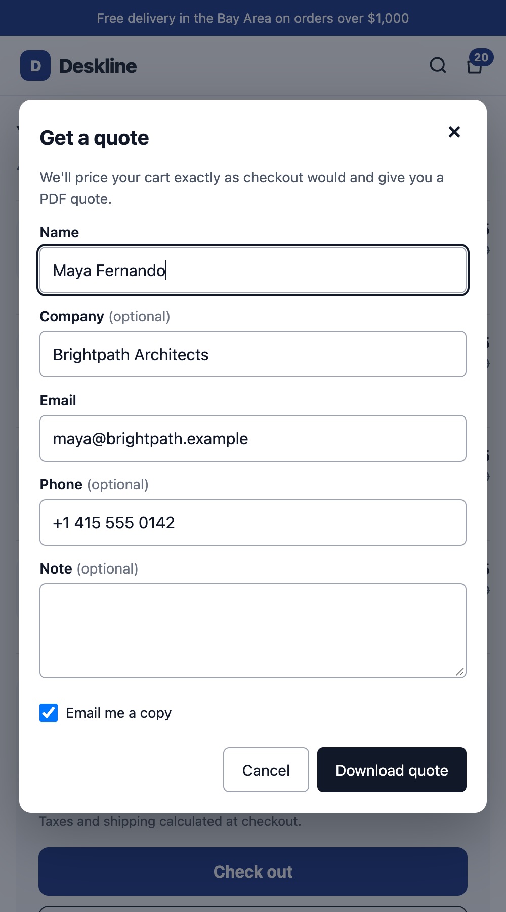 The Get a quote popup with the logged-in customer's name, company, email and phone filled in, a note field and Email me a copy.
